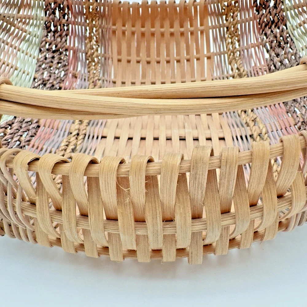 Vintage Hand Woven Basket Rattan Seagrass Artisan Signed 16.5 x 11.75 x 5